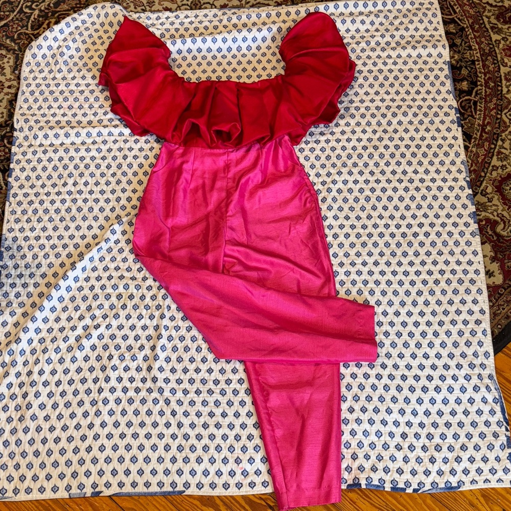 NWT Large Bold Red pink Ruffled Jumpsuit pockets side zip Boskemper reg $310
